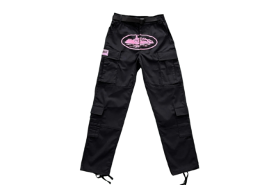 black with pink logo cargos