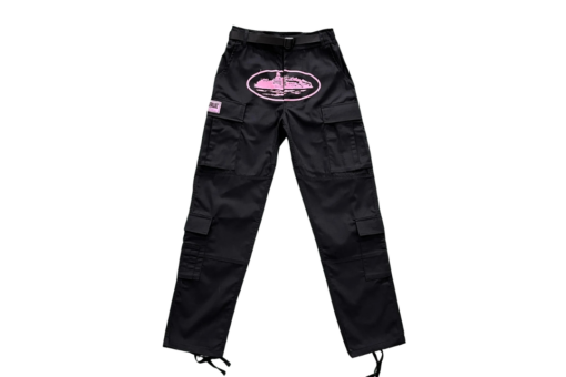 black with pink logo cargos