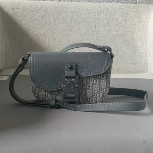 Dior Mini Oblique Saddle Buckle Messenger Bag Grey