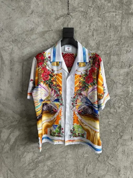 Casablanca Short-Sleeve Cuban Collar Silk Shirt Vintage Car