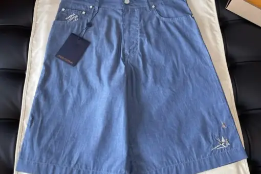 LV Embroidered Chambray Shorts Blue