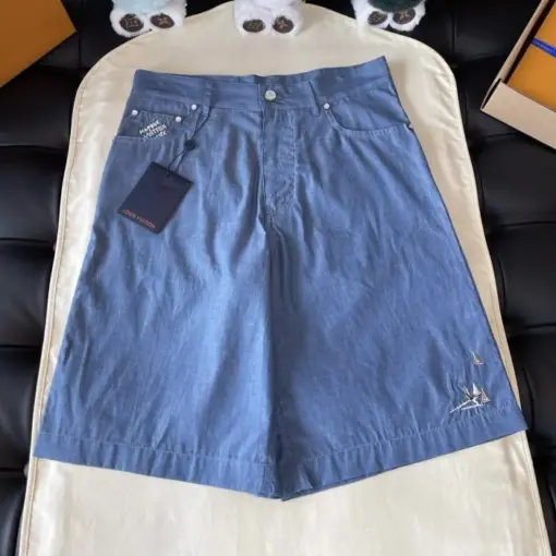 LV Embroidered Chambray Shorts Blue
