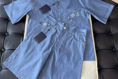 LV Embroidered Chambray Suite Set Blue
