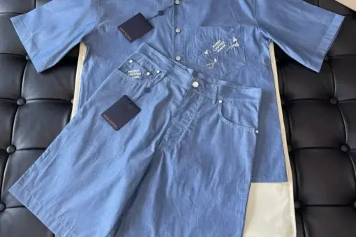 LV Embroidered Chambray Suite Set Blue