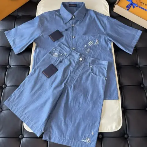 LV Embroidered Chambray Suite Set Blue