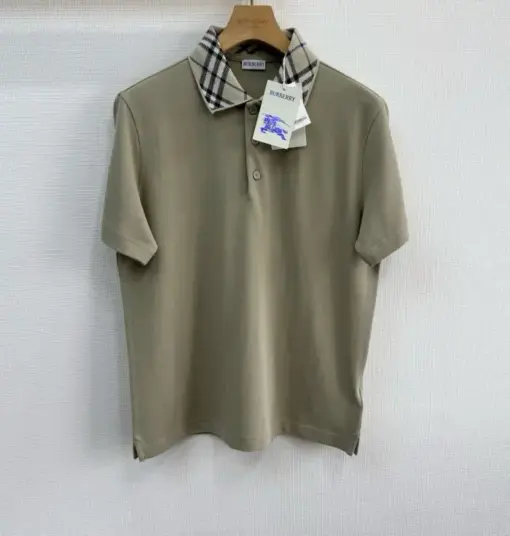 Burberry Check Collar Cotton Polo Shirt in Lichen