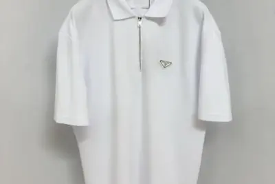 Prada Zipped Metal Logo Polo T-Shirt White
