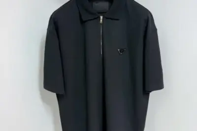 Prada Zipped Metal Logo Polo T-Shirt Black