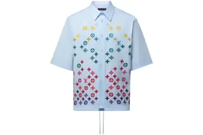 LV Monogram Flowers Embroidered Short-Sleeved Shirt Sky Blue