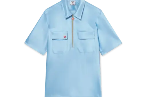 Satin Quarter Zip Short Sleeve Shirt Blue