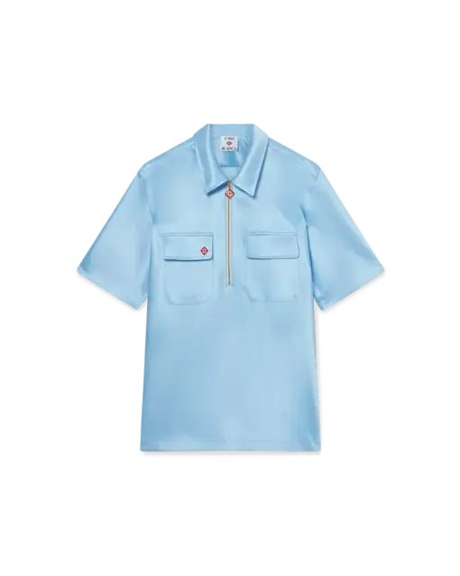 Satin Quarter Zip Short Sleeve Shirt Blue