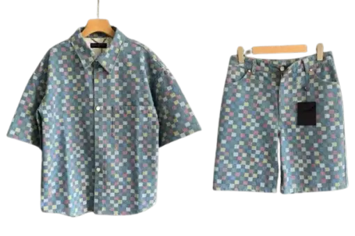 LV Damier Chambray Short-Sleeved Suite Set Multicolor