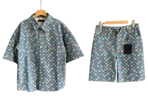 LV Damier Chambray Short-Sleeved Suite Set Multicolor
