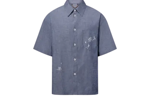 LV Embroidered Chambray Short-Sleeved Shirt Indigo