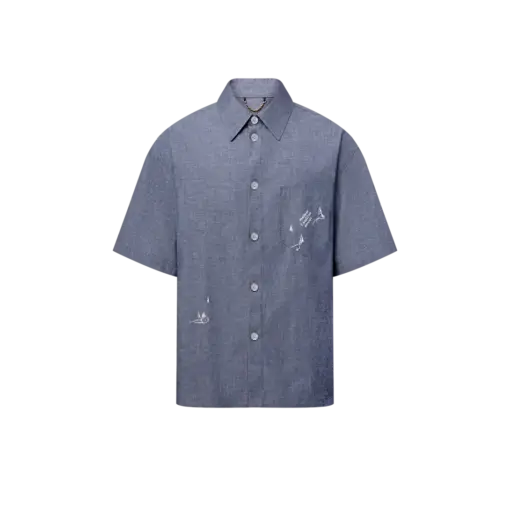 LV Embroidered Chambray Short-Sleeved Shirt Indigo