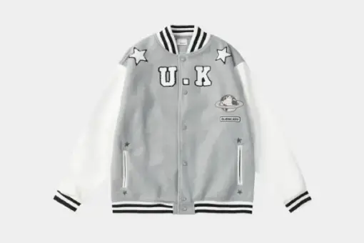 Burberry Leather Sleeve Technical Wool Varsity Jacket Grey/White