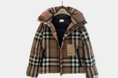 Burberry Hooded Puffer Jacket Check Brown