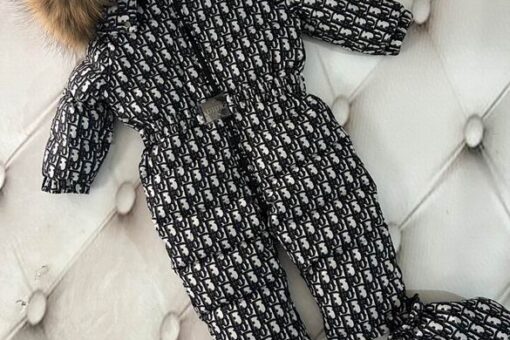 Dior Oblique Baby Snowsuit Fur-Trimmed Hood Black White