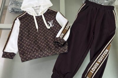 LV Kids' Monogram Pattern Tracksuit Brown White