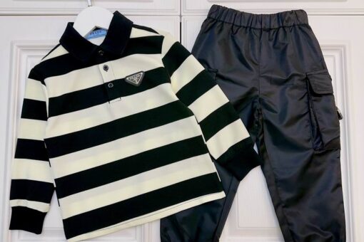 Prada Kids Stripe polo & Buckle cargo Tracksuit White Black