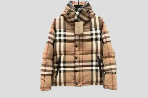 Burberry Hooded Puffer Jacket Beige Check