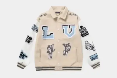 LV Multi-Patches Mixed Leather Varsity Jacket Cream/White