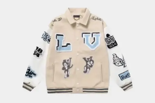 LV Multi-Patches Mixed Leather Varsity Jacket Cream/White