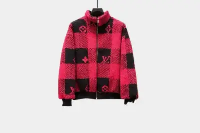 LV Embroidered Calfskin Varsity Jacket Red Plaid