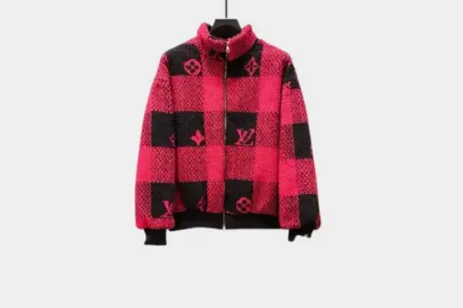 LV Embroidered Calfskin Varsity Jacket Red Plaid