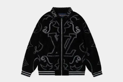 LV Embellished Leather Bomber Jacket Black