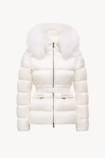 Moncler Boed Hooded Shearling-Trimmed Short Down Jacket White