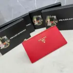 Prada Blue Bi-Fold Zip Wallet Red