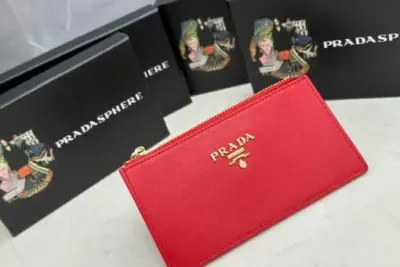 Prada Blue Bi-Fold Zip Wallet Red
