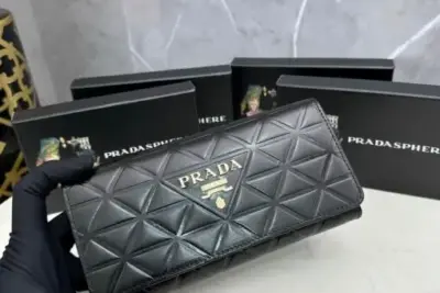 Prada Large Triangle-Motif Leather Wallet Black