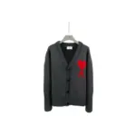 Ami Paris Large Heart Logo Loose Fitting Drop Shoulder V Neck Cardigan Sweater Gray