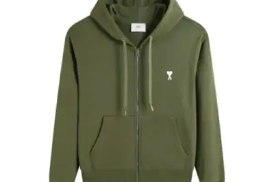 Ami Paris Ami De Coeur Zip-Up Hoodie Olive Green