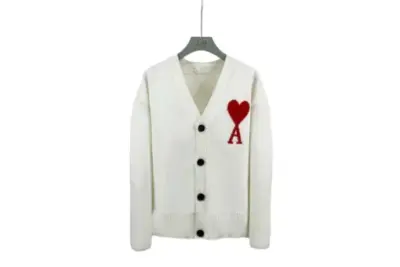 Ami Paris Large Heart Logo Loose Fitting Drop Shoulder V Neck Cardigan Sweater White