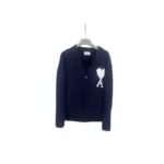 Ami Paris Large Heart Logo Loose Fitting Drop Shoulder V Neck Cardigan Sweater Navy Blue