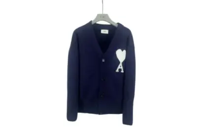 Ami Paris Large Heart Logo Loose Fitting Drop Shoulder V Neck Cardigan Sweater Navy Blue