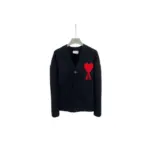 Ami Paris Large Heart Logo Loose Fitting Drop Shoulder V Neck Cardigan Sweater Black