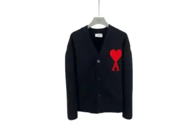 Ami Paris Large Heart Logo Loose Fitting Drop Shoulder V Neck Cardigan Sweater Black