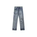 Amiri Straight Leg Logo Appliquéd Embroidered Distressed Jeans Light Blue