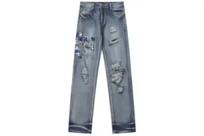 Amiri Straight Leg Logo Appliquéd Embroidered Distressed Jeans Light Blue