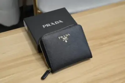 Prada Saffiano Leather Wallet Zip-Around Style Black