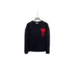 Ami Paris Large Heart Logo Blended Crew Neck Knit Sweater Black With Red Heart
