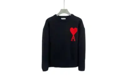 Ami Paris Large Heart Logo Blended Crew Neck Knit Sweater Black With Red Heart