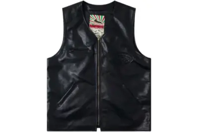 Corteiz Devil’s Island Retro PU Leather Vest Jacket Black