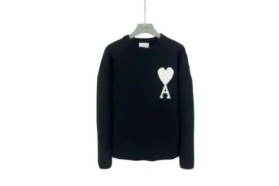 Ami Paris Large Heart Logo Blended Crew Neck Knit Sweater Black