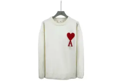 Ami Paris Large Heart Logo Blended Crew Neck Knit Sweater White With Red Heart