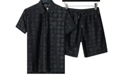 Amiri Polo Crew Neck Short Sleeve Terry Jacquard Shorts Set Black Shirt